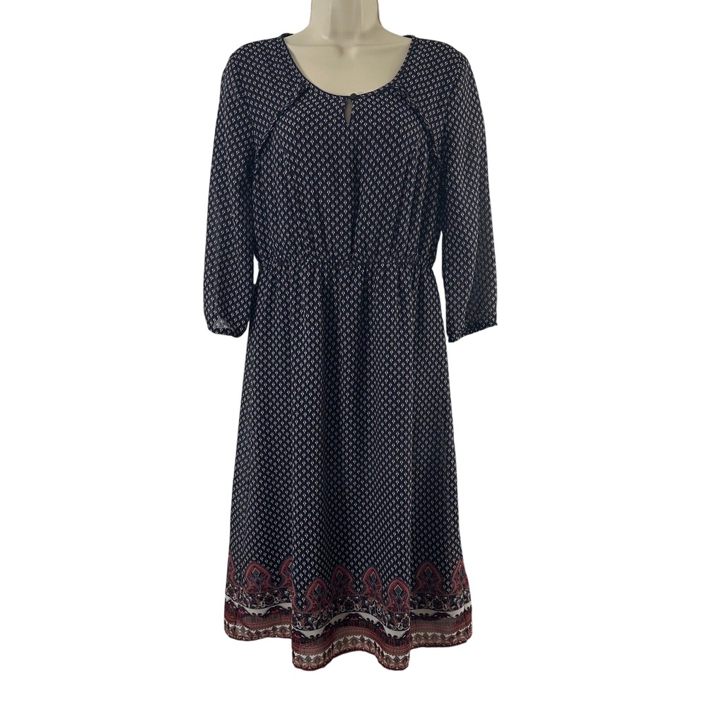 Mimi & Daphne Womens Small Navy Blue Geometric Paisley Border Hem‎ Dress